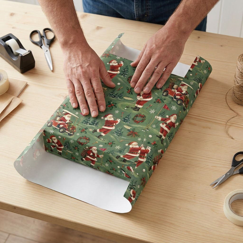Green golf-themed Christmas wrapping paper with Santa swinging, a red golf cart, flags, balls, pine trees, wreaths and s