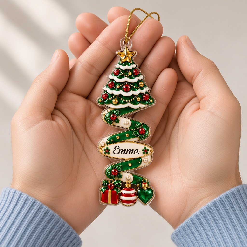 Custom-cut acrylic ornament with a ribbon tree or snowman on a spiral ribbon, personalized with a name on the ribbon.