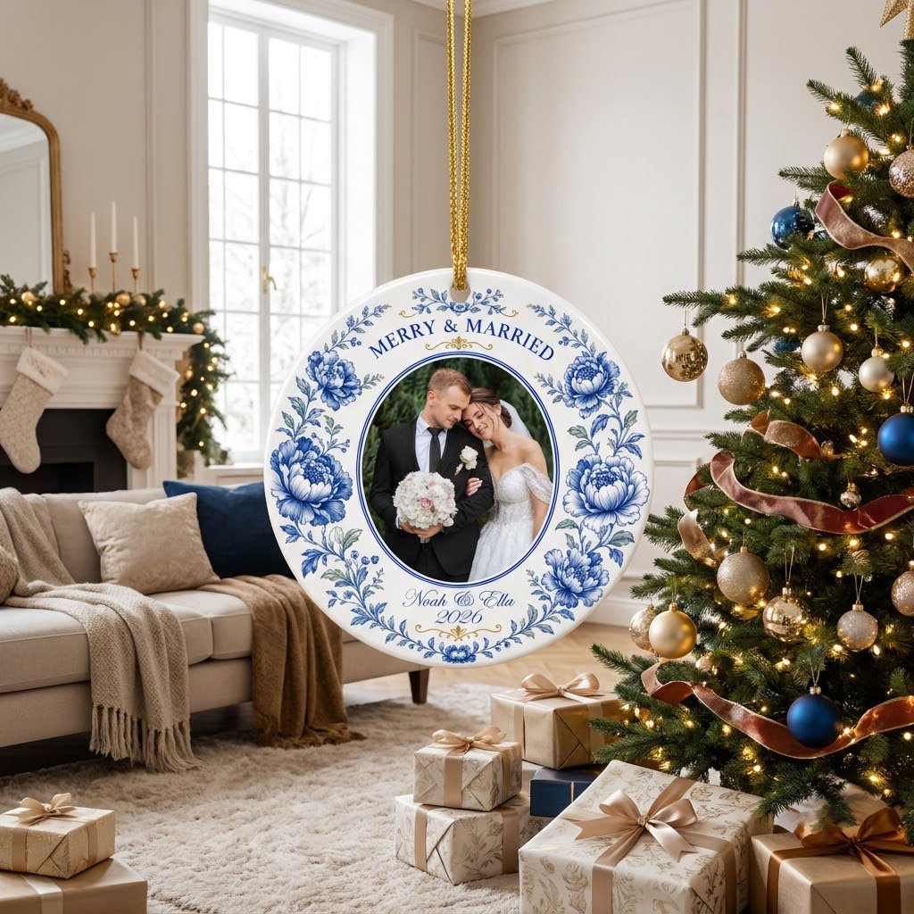 Round ceramic ornament with blue chinoiserie border, gold accents, and a circular wedding photo framed at center.