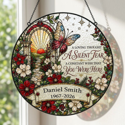 Personalized Butterfly Sunrise Pathway A Silent Tear Memorial Stained Glass Round Suncatcher