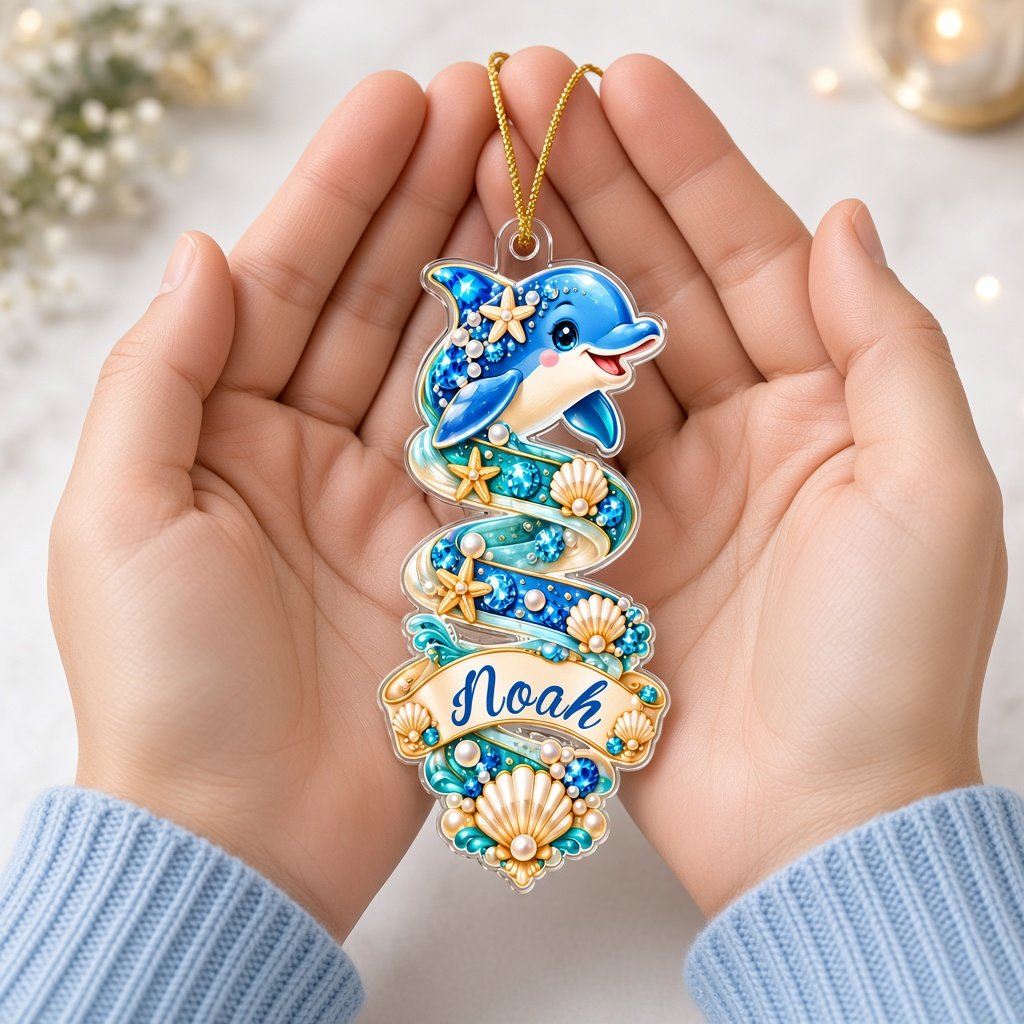 Clear acrylic ornament with a dolphin or seahorse, ocean banners, starfish, seashells and gemstones.