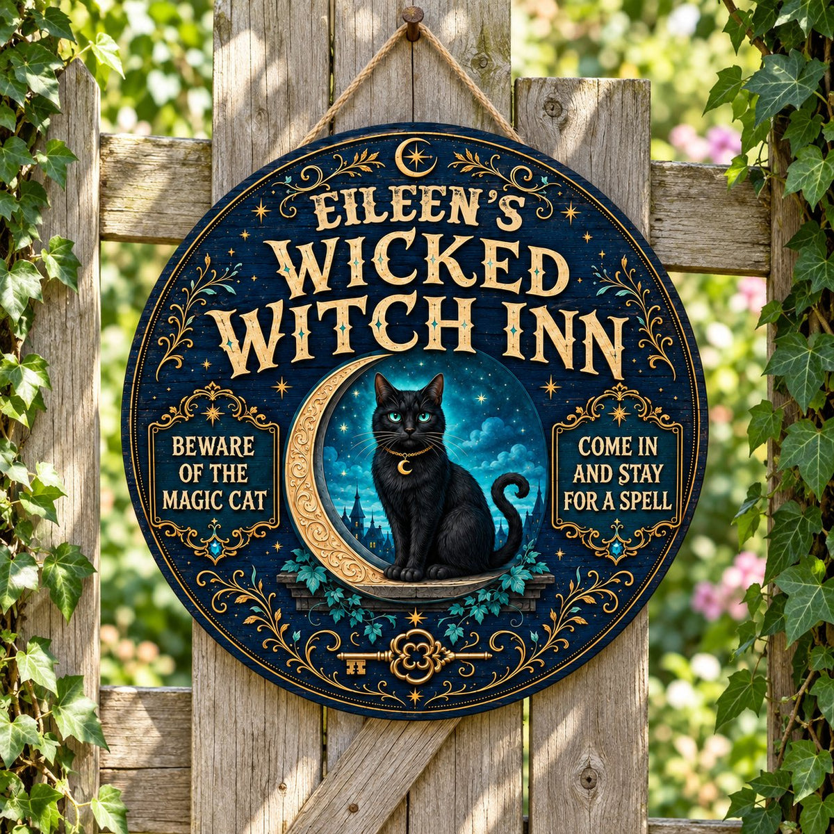 Personalized Wicked Witch Inn Wood Sign, Custom Name Halloween Black Cat Crescent Moon Wall Hanging Decor