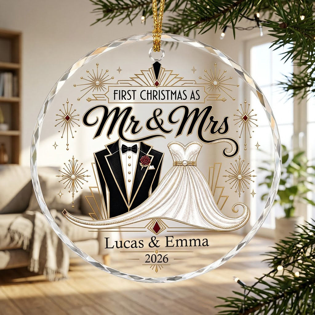 Personalized First Christmas as Mr & Mrs Art Deco Tuxedo Gown Round Glass Ornament