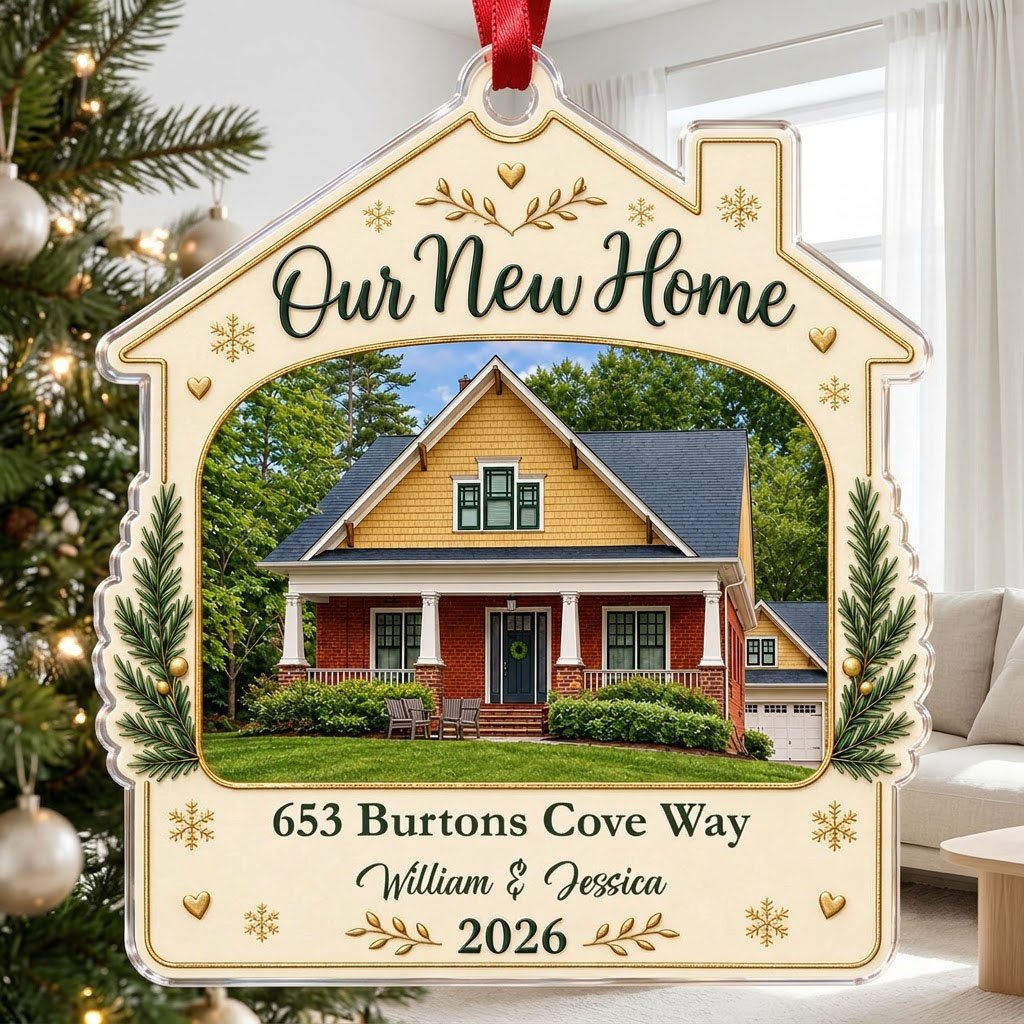 House-shaped acrylic ornament with “Our New Home”, a house photo frame, pine boughs, gold hearts and snowflakes.