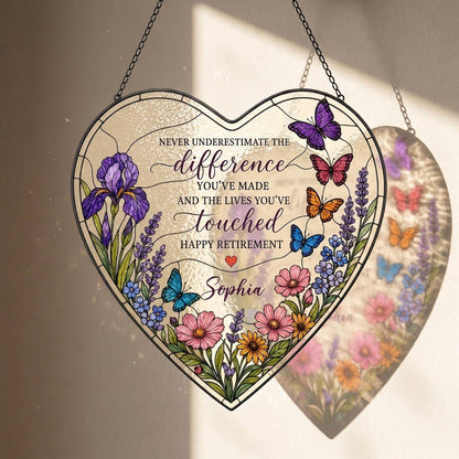 Personalized Retirement Purple Iris Wildflower Never Underestimate The Difference Happy Retirement Heart Stained Glass Suncatcher