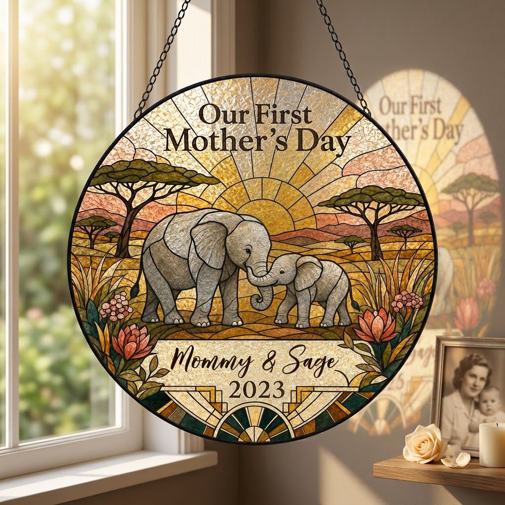 Stained glass-style mother and baby elephants at sunrise with 'Our First Mother's Day' text.