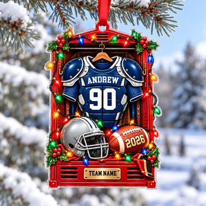 Red locker acrylic ornament with blue-and-white football jersey, silver helmet, football, lights and holly.