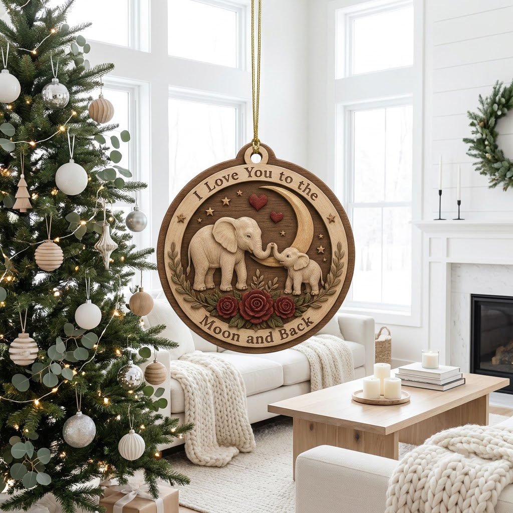 Round wood ornament with adult and baby elephants touching trunks under a crescent moon, red hearts, stars, and roses