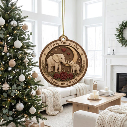 Round wood ornament with adult and baby elephants touching trunks under a crescent moon, red hearts, stars, and roses
