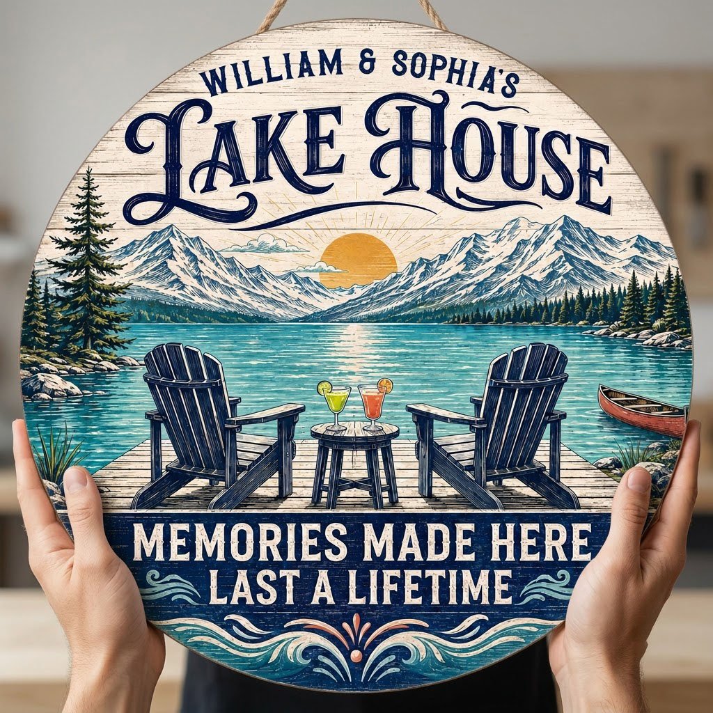 Personalized Lake House Memories Round Wooden Hanging Sign