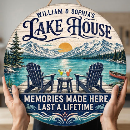 Personalized Lake House Memories Round Wooden Hanging Sign