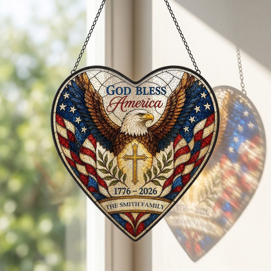 Heart-shaped stained glass suncatcher with a bald eagle over a golden cross and American flag border.