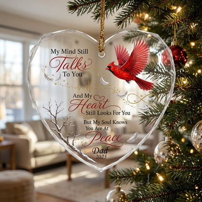 Personalized Flying Cardinal Memorial My Mind Still Talks To You Heart Glass Ornament