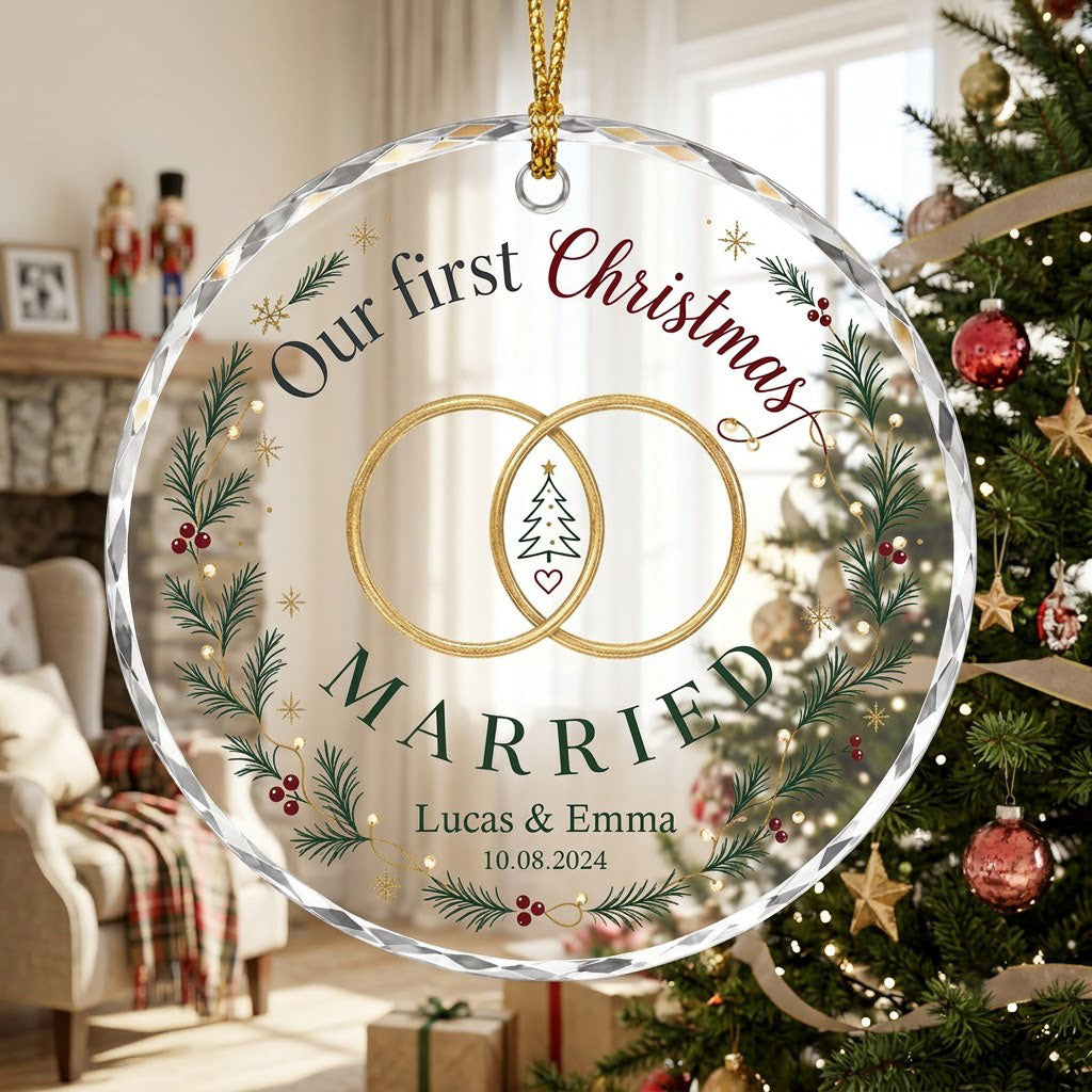 Personalized Our First Christmas Married Wedding Rings Wreath Round Glass Ornament