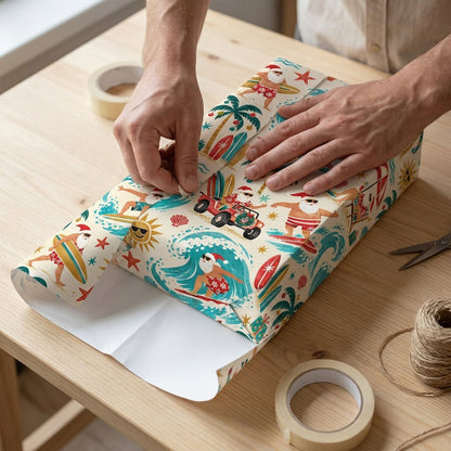 Wrapping paper with surfing Santa, red jeep, palm trees with ornaments, suns in sunglasses, starfish, seashells.