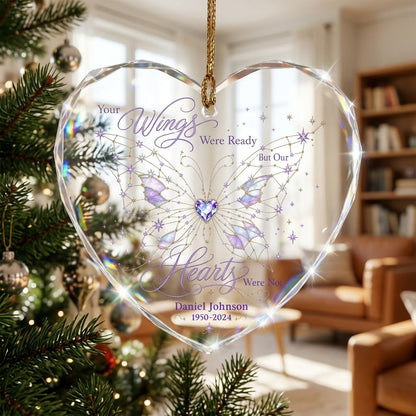 Personalized Butterfly Memorial Your Wings Were Ready Crystal Heart Glass Ornament