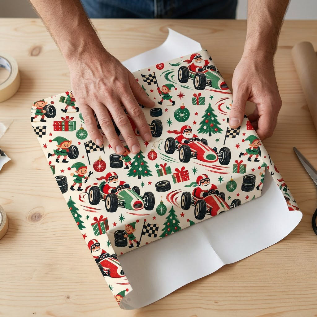 Cream wrapping paper with Santa driving vintage race cars, elves with tools and flags, trees, gifts, tires, and stars.