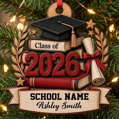 Graduation cap with gold tassel atop books, large 2026 numbers, a red-tied diploma, laurel leaves, stars, and a bottom b