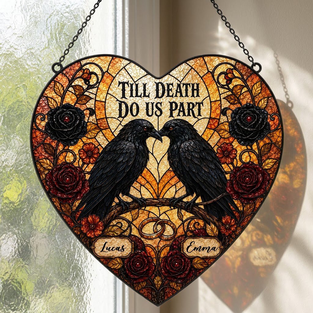 Personalized Gothic Raven Couple Till Death Do Us Part Heart Stained Glass Suncatcher