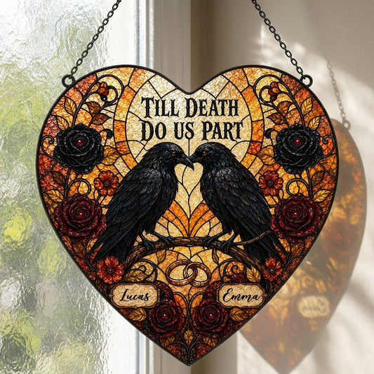 Personalized Gothic Raven Couple Till Death Do Us Part Heart Stained Glass Suncatcher