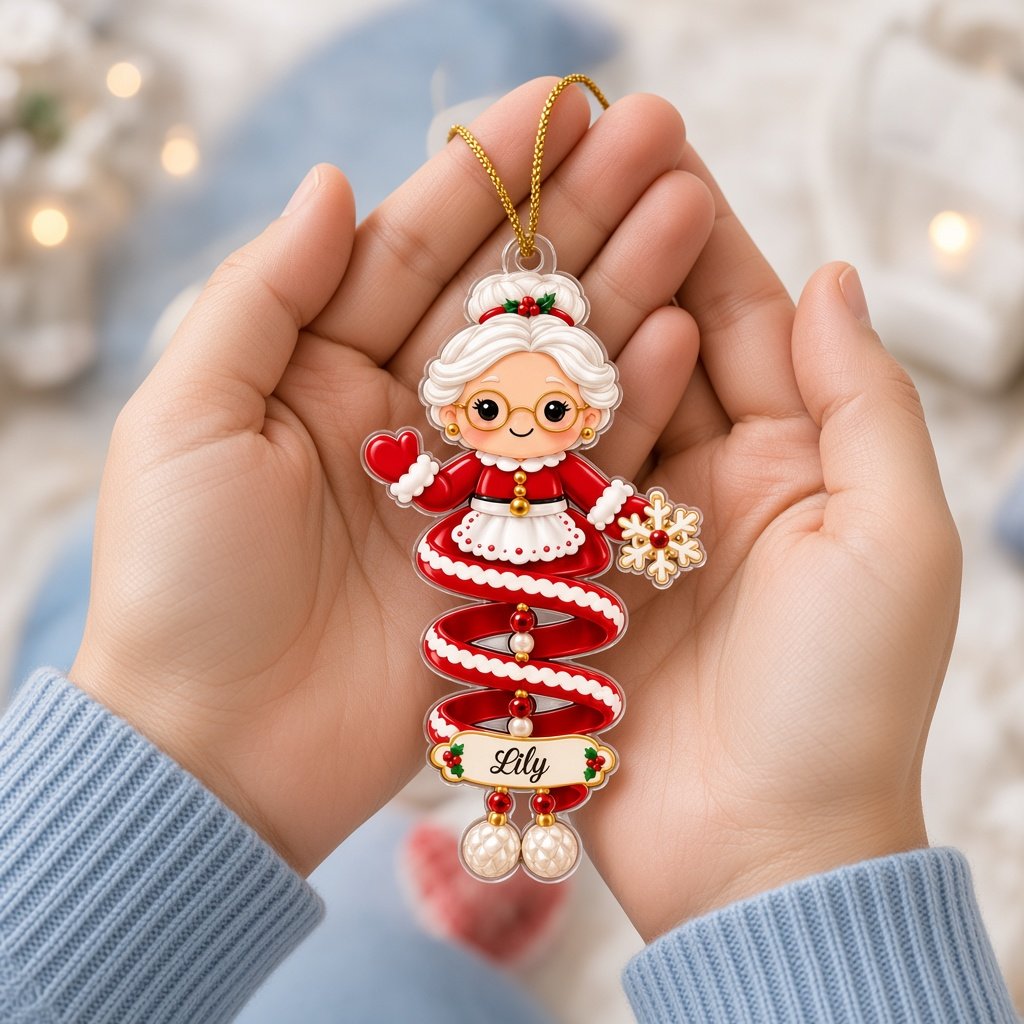 Acrylic ornament showing a polar bear and Mrs. Claus made of spiral ribbons with two personalized names on each characte