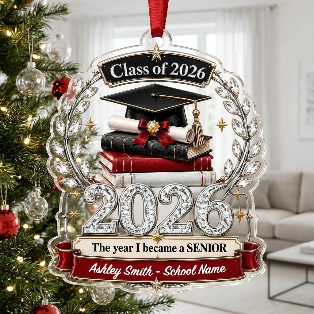 Acrylic ornament shows Class of 2026 text, cap, diploma, jeweled laurel wreath and banners personalized with name and sc