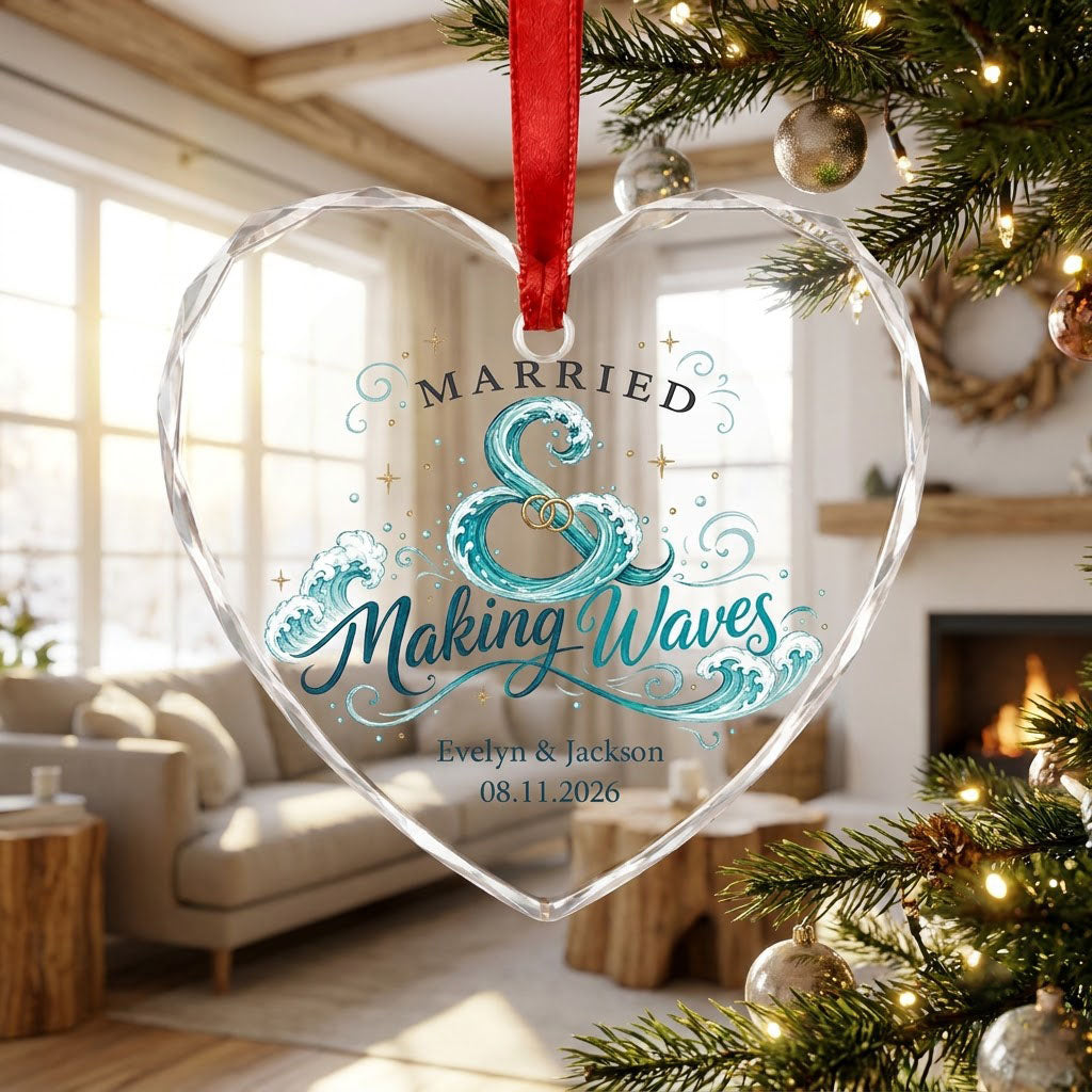 Personalized Married & Making Waves Coastal Heart Glass Ornament