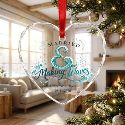 Personalized Married & Making Waves Coastal Heart Glass Ornament