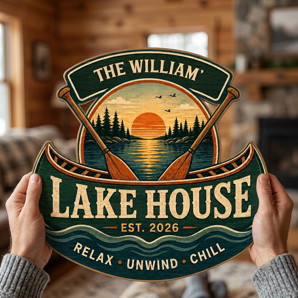 Personalized Lake House Canoe Sunset Wooden Hanging Sign