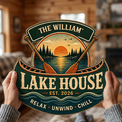 Personalized Lake House Canoe Sunset Wooden Hanging Sign