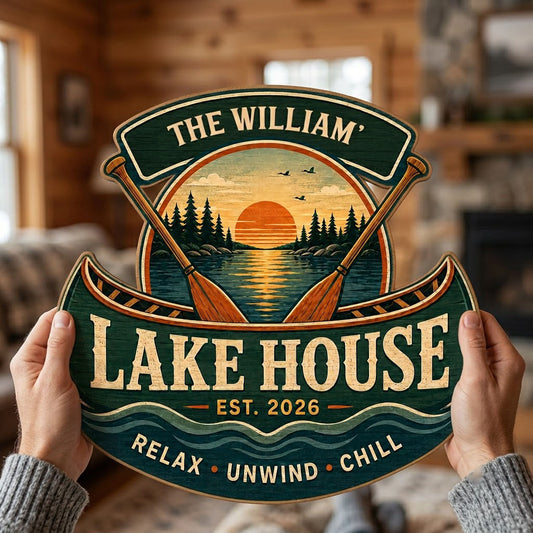 Personalized Lake House Canoe Sunset Wooden Hanging Sign
