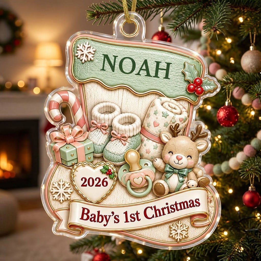 Stocking-shaped acrylic ornament with baby booties, reindeer toy and Baby's 1st Christmas on a cream banner.