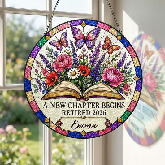 Personalized Retirement Open Book & Butterflies A New Chapter Begins Stained Glass Round Suncatcher