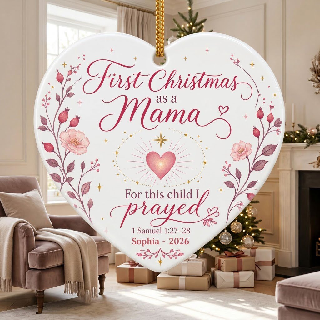Heart ceramic ornament with pink florals, radiant pink heart, gold star, and First Christmas as a Mama text with name an