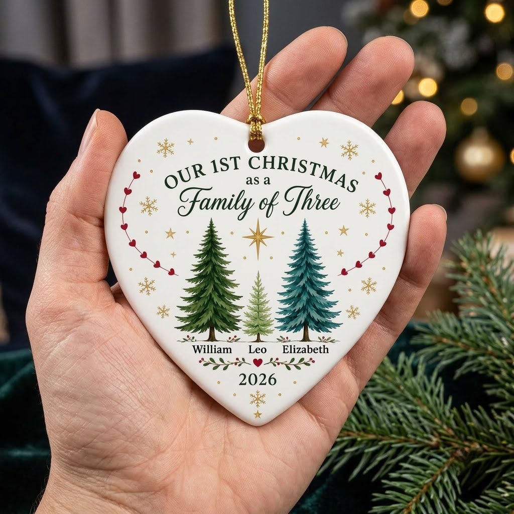 Heart ceramic ornament with three watercolor pine trees, a gold star, red heart garlands, and names with year.