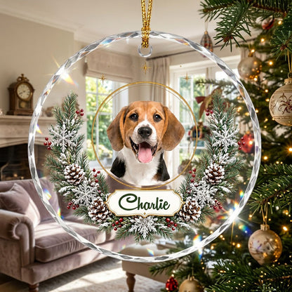 Personalized Dog Photo Holiday Wreath Round Glass Ornament