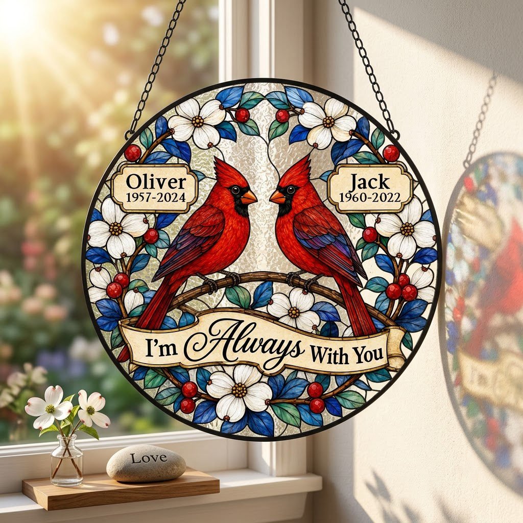 Round suncatcher with two red cardinals on a branch, dogwood flowers, a scroll banner and two name plaques.