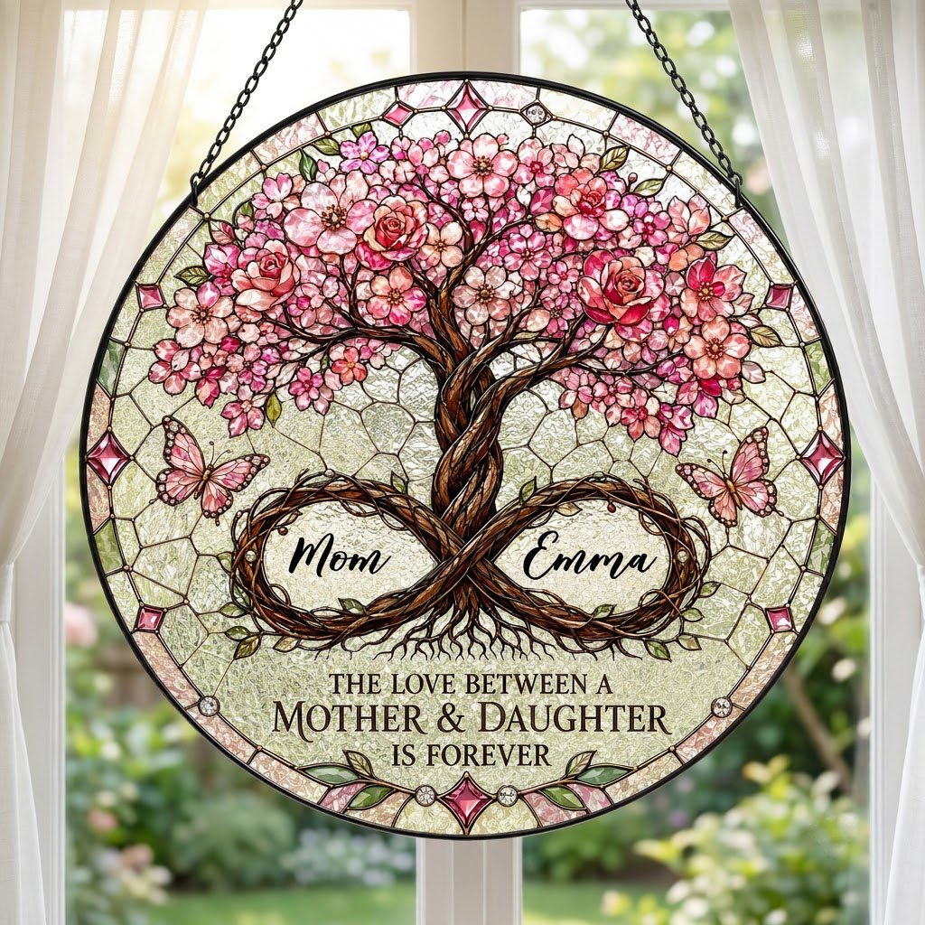 Round suncatcher with tree of life, pink blossoms, and 'THE LOVE BETWEEN A MOTHER & DAUGHTER IS FOREVER'