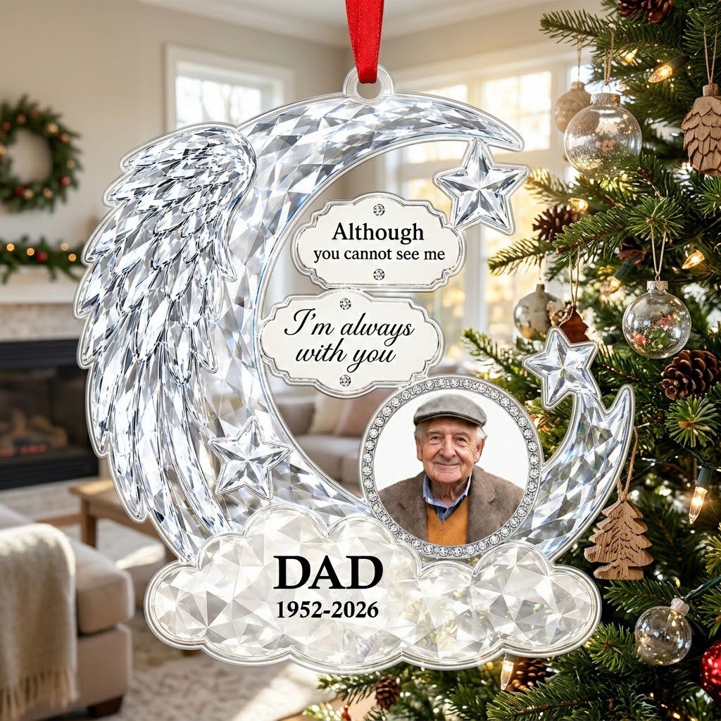 Personalized Crystal Angel Wing Crescent Moon Photo Memorial Acrylic Ornament