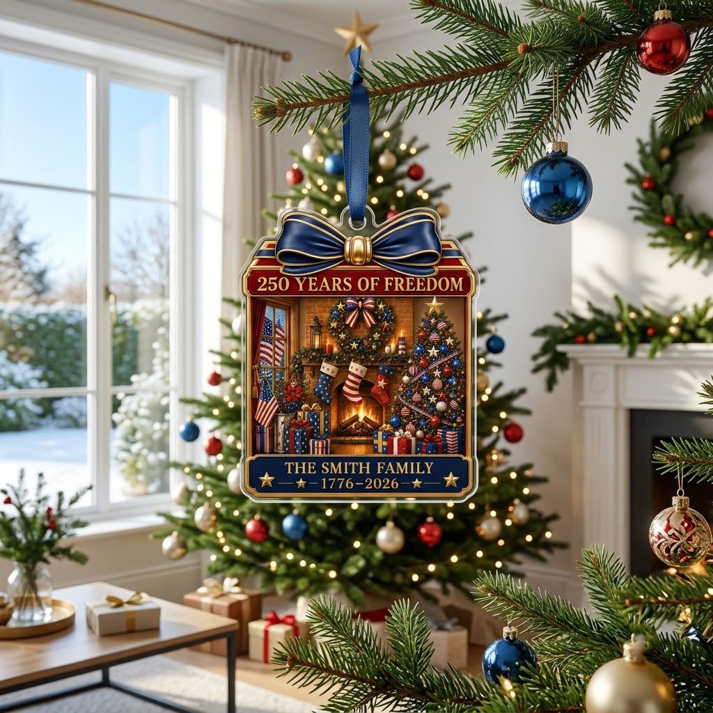 Personalized America 250th Christmas Fireplace Acrylic Ornament