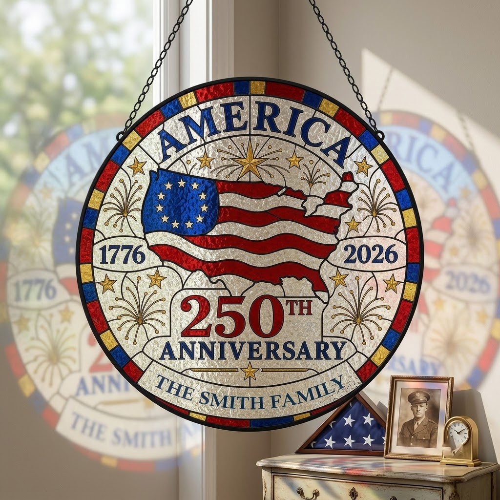 Round stained-glass look suncatcher with US map flag, 1776–2026, 250TH ANNIVERSARY, and a personalized family name banne