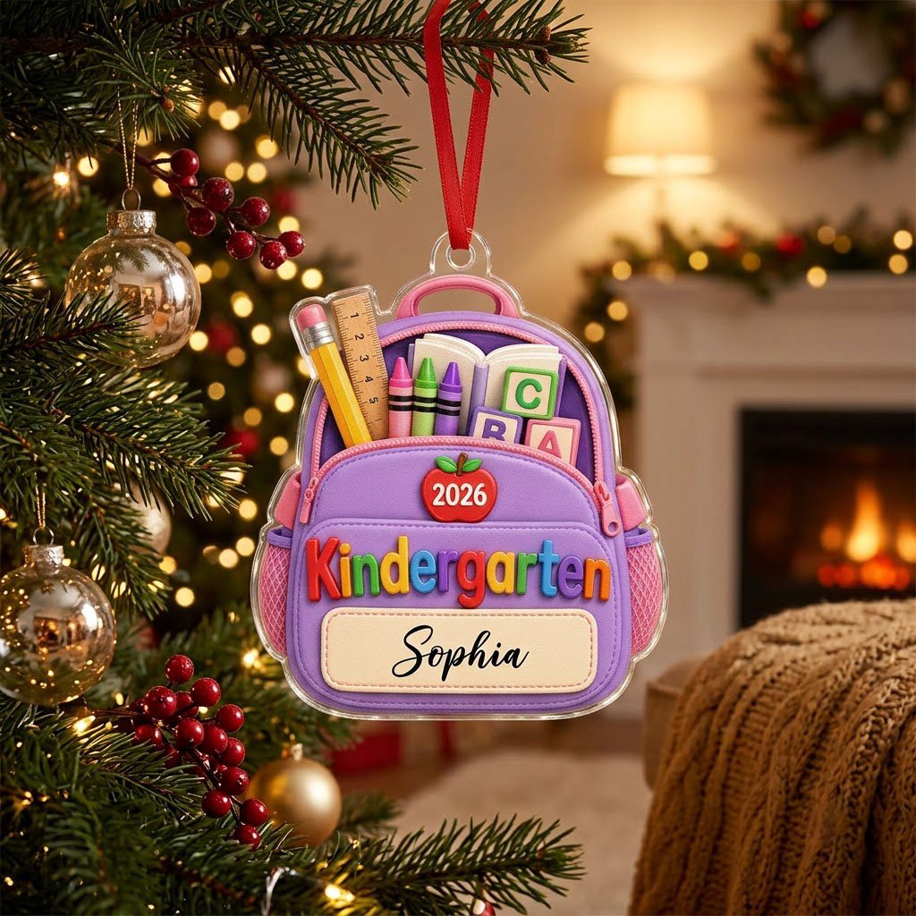 Purple backpack acrylic ornament with ABC blocks, apple, Kindergarten text, 2026 year, and a stitched name banner.