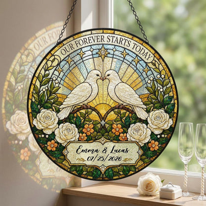 Personalized Wedding Doves Our Forever Starts Today Floral Stained Glass Round Suncatcher