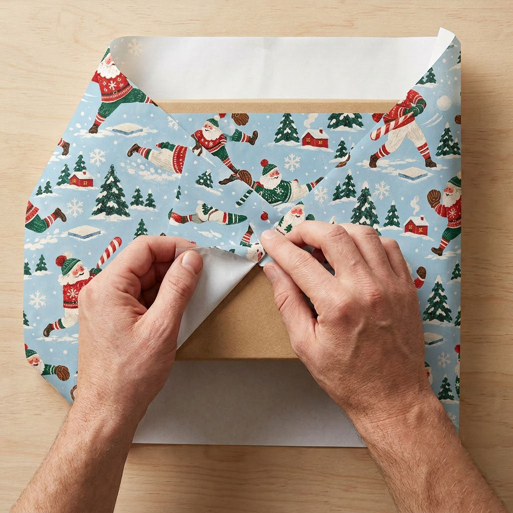 Light blue wrapping paper with Santa playing baseball, pine trees, small red houses, bases, and snowflakes in a repeatin