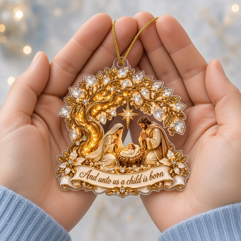 Acrylic ornament with Mary, Joseph and Baby Jesus under a radiant star, golden tree accents and a red ribbon.