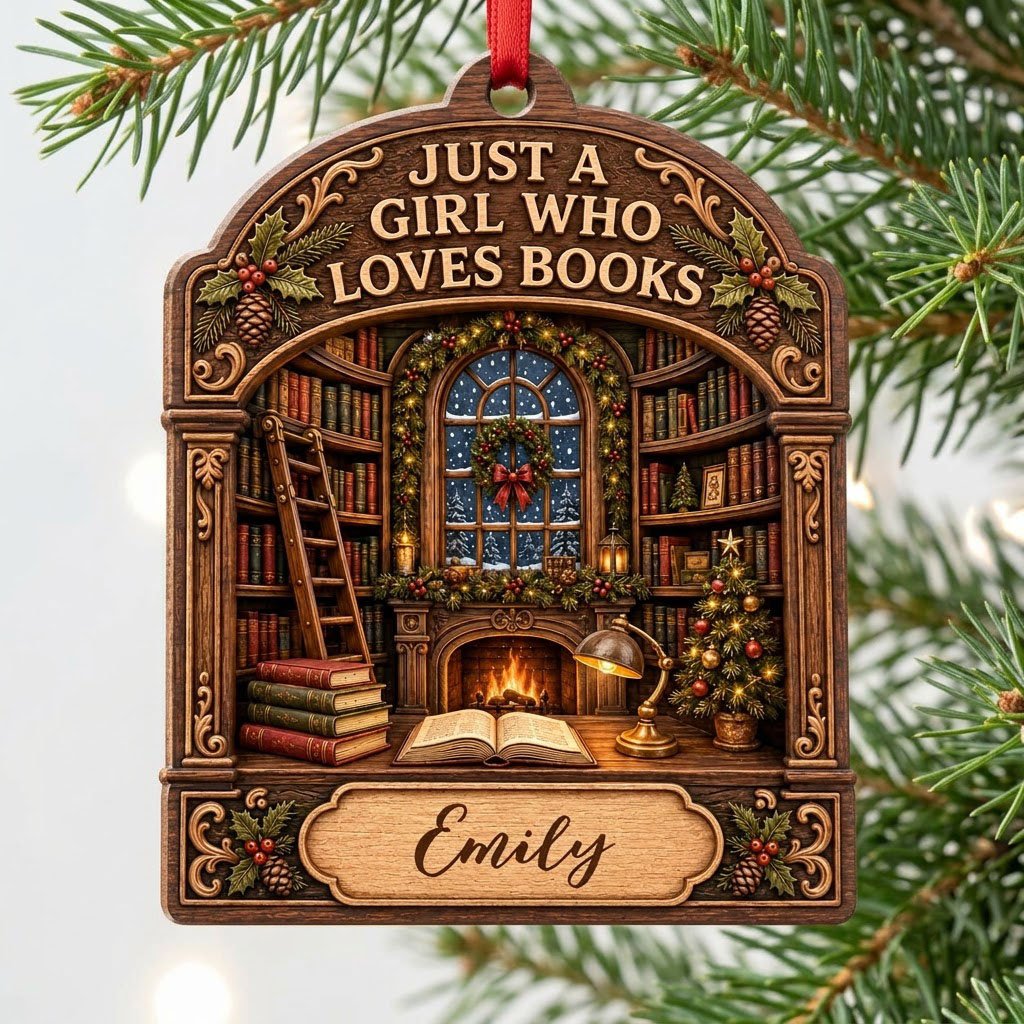 Arch wood ornament with library scene, bookshelves, ladder, fireplace, and 'Just a Girl Who Loves Books' text.