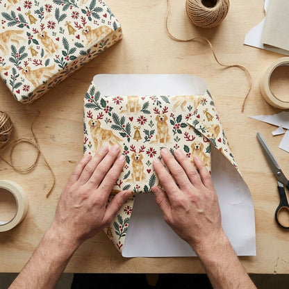 Cream wrapping paper with golden retrievers in red antler headbands, pine sprigs, red berries and gold bells.