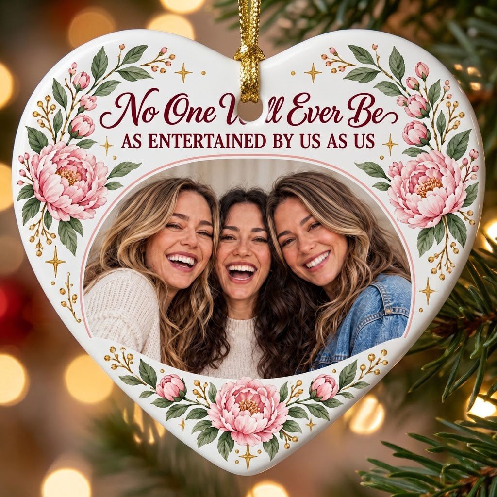 Heart ceramic ornament with a heart-shaped photo of three women, pink peonies, green leaves, and gold sparkles around th