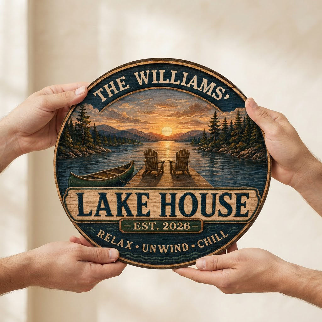 Round wooden sign with lake sunset, two Adirondack chairs on a dock, green canoe, and navy border with wave motifs.