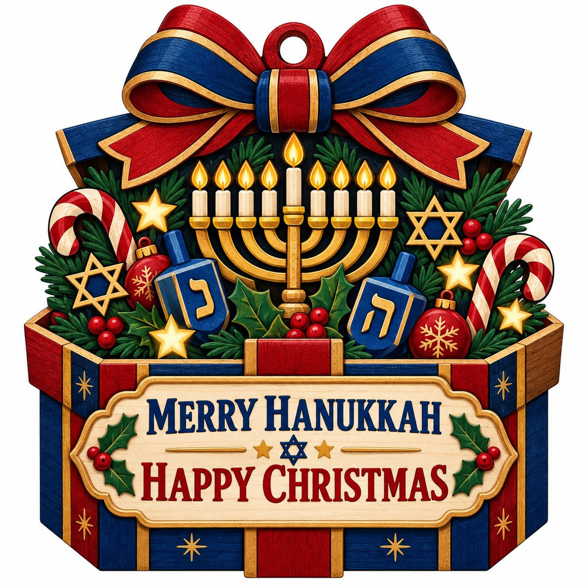 Gift box-shaped wood ornament with menorah, dreidels, candy canes, holly, stars, and Merry Hanukkah Happy Christmas text